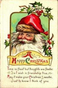 A Happy Christmas Santa Claus Holly Poem Embossed 1910s DB Postcard T19