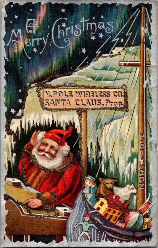 Santa on Ham Radio North Pole Wireless Co. Toys Embossed Vintage Postcard T01