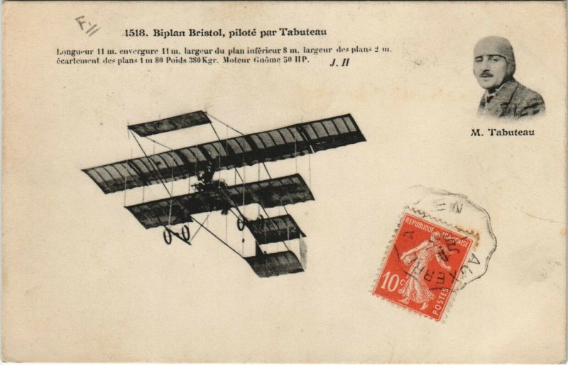 PC CPA AVIATION, BIPLAN BLÉRIOT PILOTÉ PAR TABUTEAU, Vintage Postcard (b24489)
