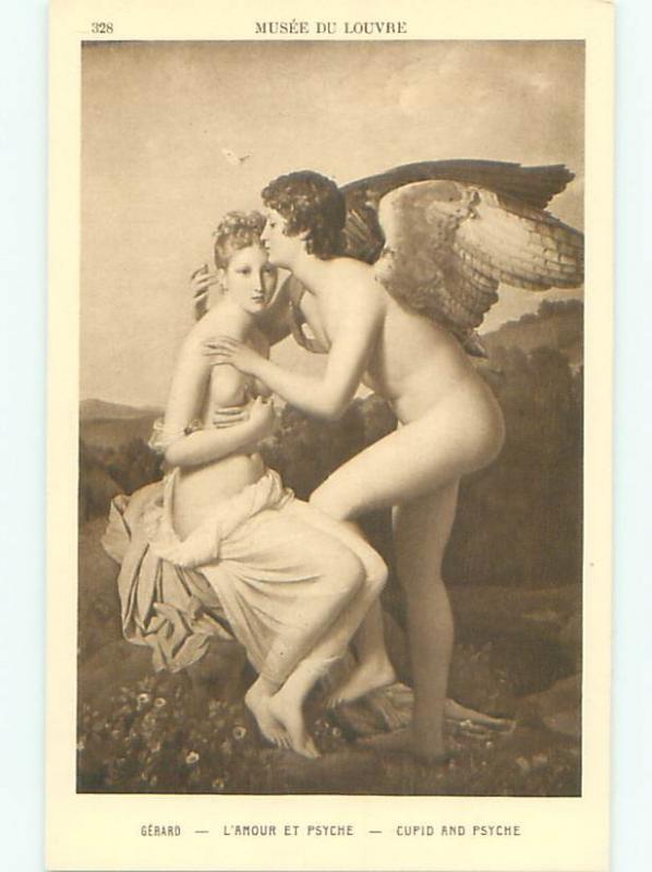 c1910 Risque ANGEL WITH TOPLESS WOMAN AT LOUVRE IN PARIS FRANCE AB7284