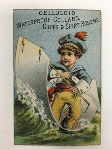 Boy Surfing Sailing Trade Card Victorian Donaldson Brothers Celluloid Linen