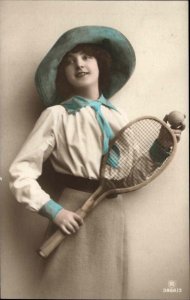 Beautiful Woman with Tennis Racket Carlton Pub Tinted RPPC 3988/3 PC