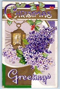 Christmas Postcard Greetings Lantern Holly Berries Flowers Embossed Jolly IA