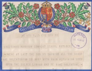 Matlock Derby 1942 Marrian Convent School Telegram