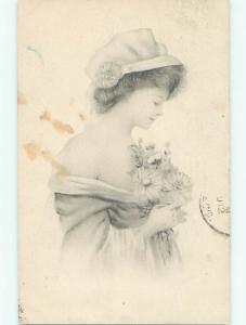 Pre-Linen art nouveau PRETTY GIRL HOLDING DAISY FLOWERS W7175