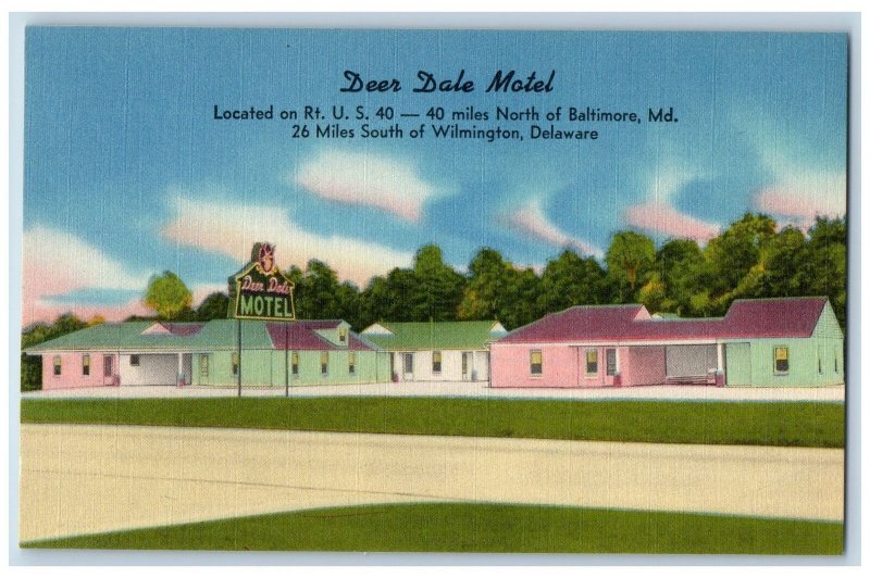 c1940 Deer Dale Motel & Restaurant Cottages Signage Wilmington Delaware Postcard