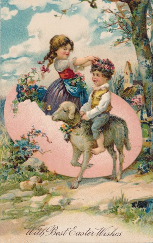 Easter Greetings - Girl in Egg placing flowers on Boy riding Lamb - PBF - DB