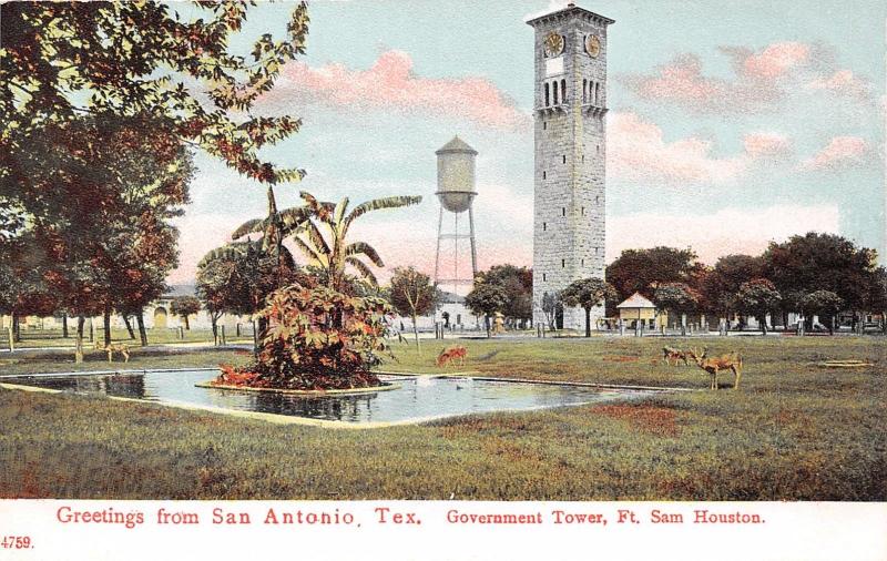 SAN ANTONIO TX~GREETINGS~GOVERNMENT TOWER FT HOUSTON~JOSKE BROS POSTCARD 1910s