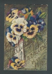 Ca 1910 Greeting Card W/Tinsel & Flowers Embossed