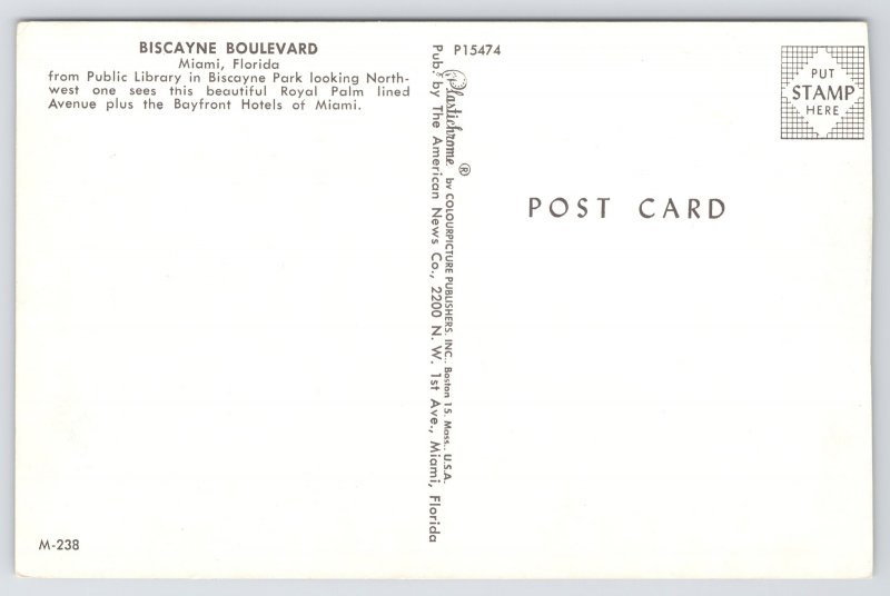 Biscayne Boulevard Looking Northwest~Royal Palms~Miami Florida~Vintage Postcard