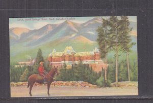 CANADA, CPR BANFF SPRINGS HOTEL, ROCKIES, MOUNTIE & HORSE, c1950 ppc., unused.