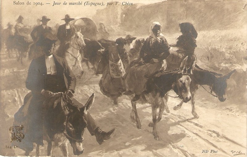 Donkeys. Market Day (Spain) by V. Checa  Old vintage Salon de 1904 French art