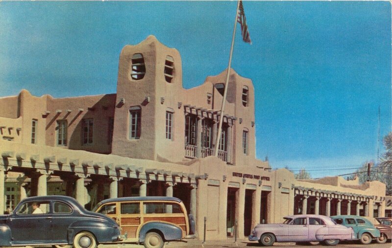 1940s Cars, Post Office, Pueblo Architecture, Santa Fe New Mexico  Vtg Postcard
