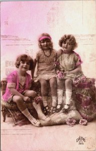 Three Victorian Kids Sitting Girls Vintage RPPC C142