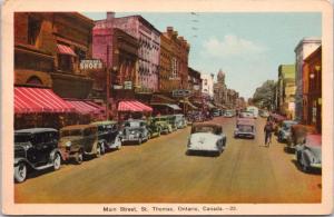 Main Street St. Thomas Ontario ON Sutherland's Shoes Diana Grill Postcard D68