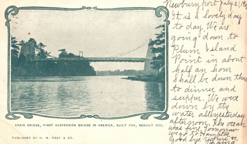 Vintage Postcard 1904 Chain Bridge First Suspension Bridge In America H. W. Pray