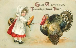 Thanksgiving, Good Wishes, Little Girl feeding corn to turkey, International art