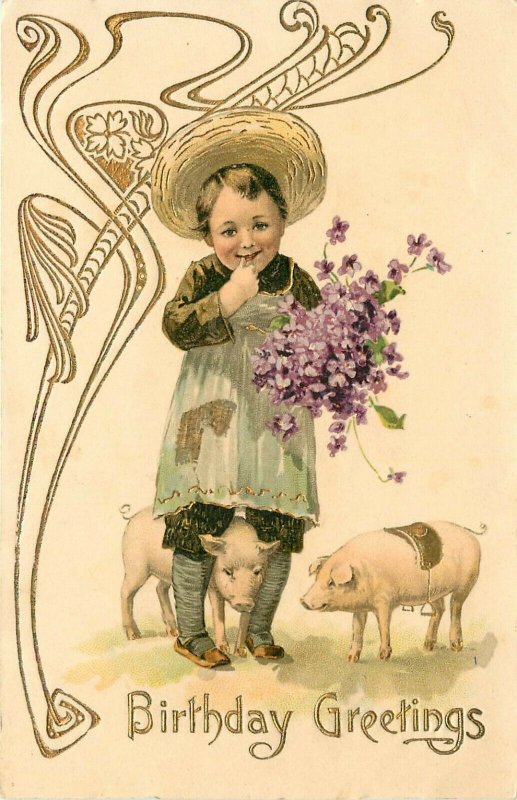 Embossed Birthday Postcard 5535 Child & Cute Little Pigs Art Nouveau Design