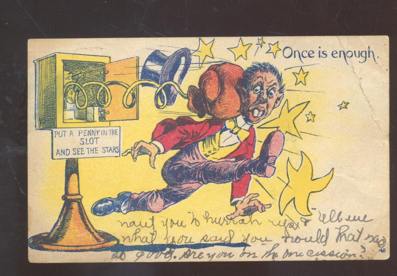 BLACK AMERICANA ONCE IS ENOUGH BOXING MACHINE VINTAGE COMIC POSTCARD