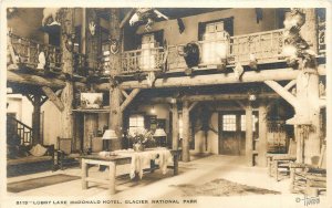 RPPC GLACIER NATIONAL PARK MT Lake McDonald Hotel Lobby Interior Postcard 1930s