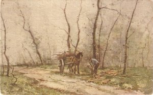 Cart Horse in the woods Old vintage English PC. Signed