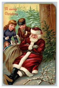 Vintage 1913 Christmas Postcard Santa Sleeping Children Look to Steal Xmas Toys