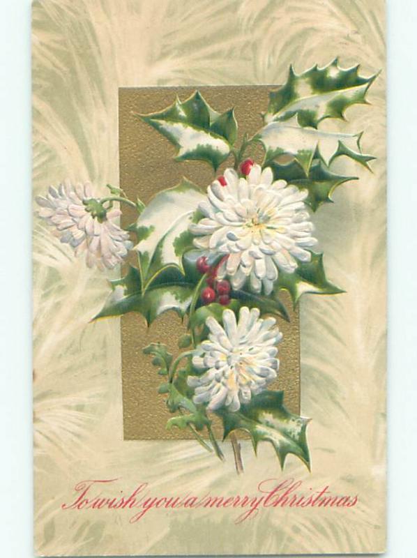 Pre-Linen christmas SNOW-COVERED HOLLY WITH WHITE FLOWERS k1046