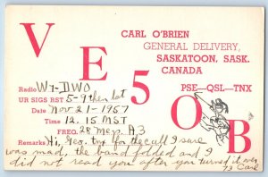 Saskatoon Saskatchewan Canada Postcard VE5OB QSL Ham Radio 1957 Posted