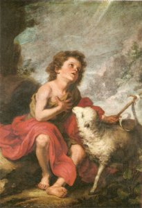 St. John with the Lamb, by Murillo Fine painting,, modern Spanish postcard