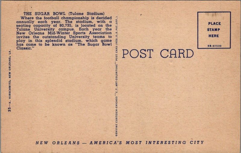 Postcard The Sugar Bowl Tulane Stadium New Orleans LA Louisiana