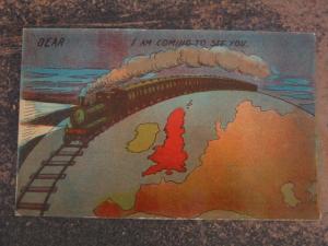 RR TRAIN ON GLOBE of EARTH GREETING c1910 Postcard