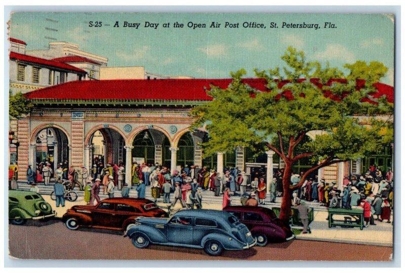 1955 Busy Day Open Air Post Office Cars St. Petersburg Florida Vintage Postcard