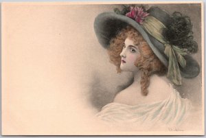 Beautiful Woman Side View Signed Fashion Hat Curly Hair Charming Face Postcard