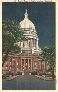 Vintage Postcard 1920's View of Capitol Dome at Night Madison Wisconsin WI