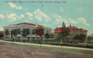 Vintage Postcard Public Library Building Antlers Hotel Colorado Springs Colorado