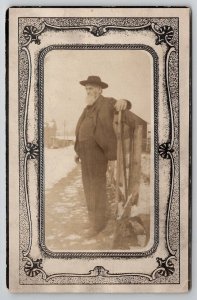 RPPC Older Gentleman At Gate Art Nouveau Masked Border Photo Postcard U23