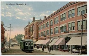 Westerly RI High Street View Store Fronts Trolley Postcard