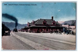 1910 Santa Fe Depot Smokestacks Track Classic Cars Colorado Springs CO Postcard