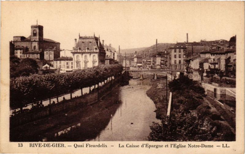 CPA RIVE-de-GIER-Quai Fleurdelix-La Caisse d'Épargne et l'Église N-D (165871)