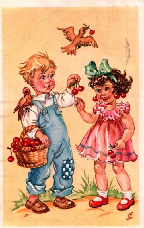 Two Cute Kids With Cherries Vintage Postcard 09.88