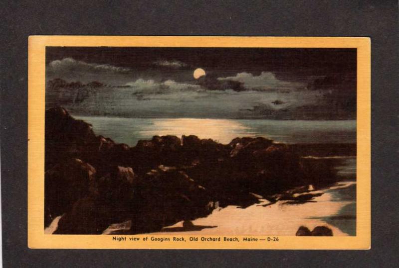 ME Night View Moon Googins Rock Old Orchard Beach Maine Postcard Linen