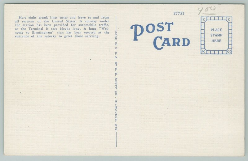 Birmingham Alabama~Terminal Railroad Station~Subway~1940s Linen Postcard