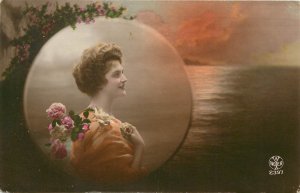 French Hand Colored Postcard A Noyer 2397 Lovely Lady Roses & Sunset