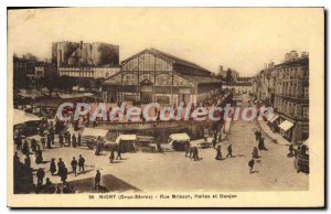 Old Postcard Niort (Deux Sevres) Rue Brisson Halles and Dungeon