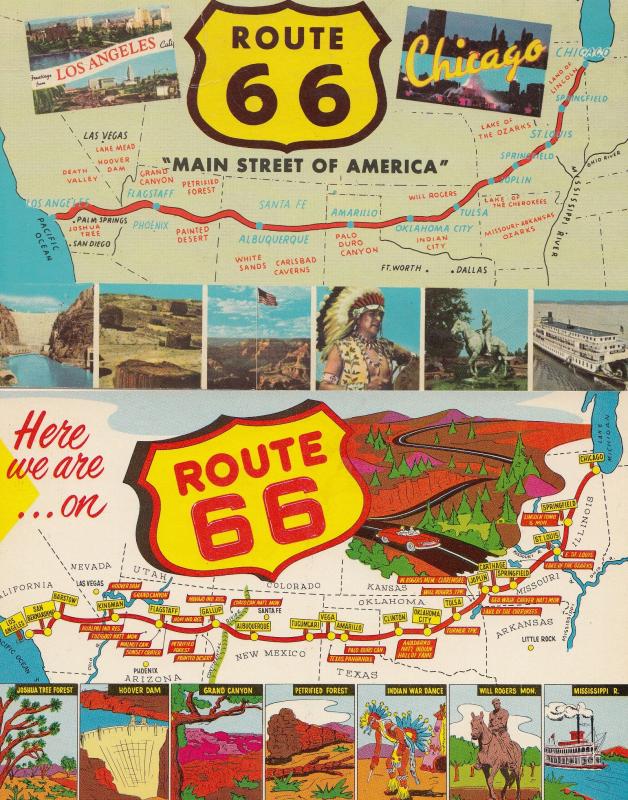 Route 66 Signpost 2x Map Postcard s