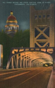 Vintage Postcard 1951 Tower Bridge State Capitol Dome at Night Sacramento Calif.