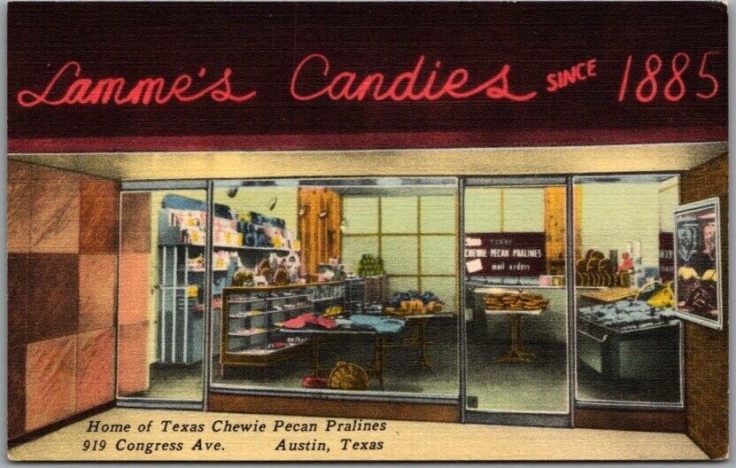 c1940s AUSTIN, Texas Linen Advertising Postcard LAMME'S CANDIES