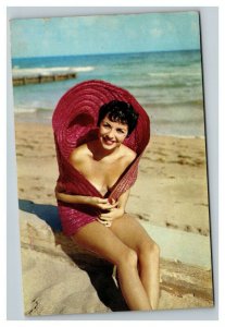 Vintage 1950 Postcard Beautiful Woman in Coverall Hat No Clothes Underneath Sexy