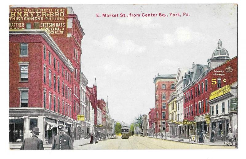 York PA E. Market Street from Center Square Vintage Postcard