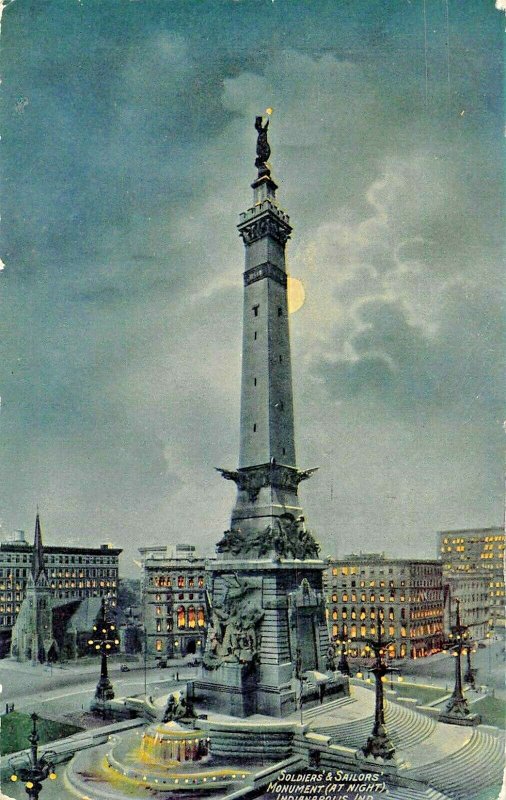 INDIANAPOLIS IN~SOLDIERS & SAILORS MONUMENT AT NIGHT BY MOONLIGHT 1910s POSTCARD